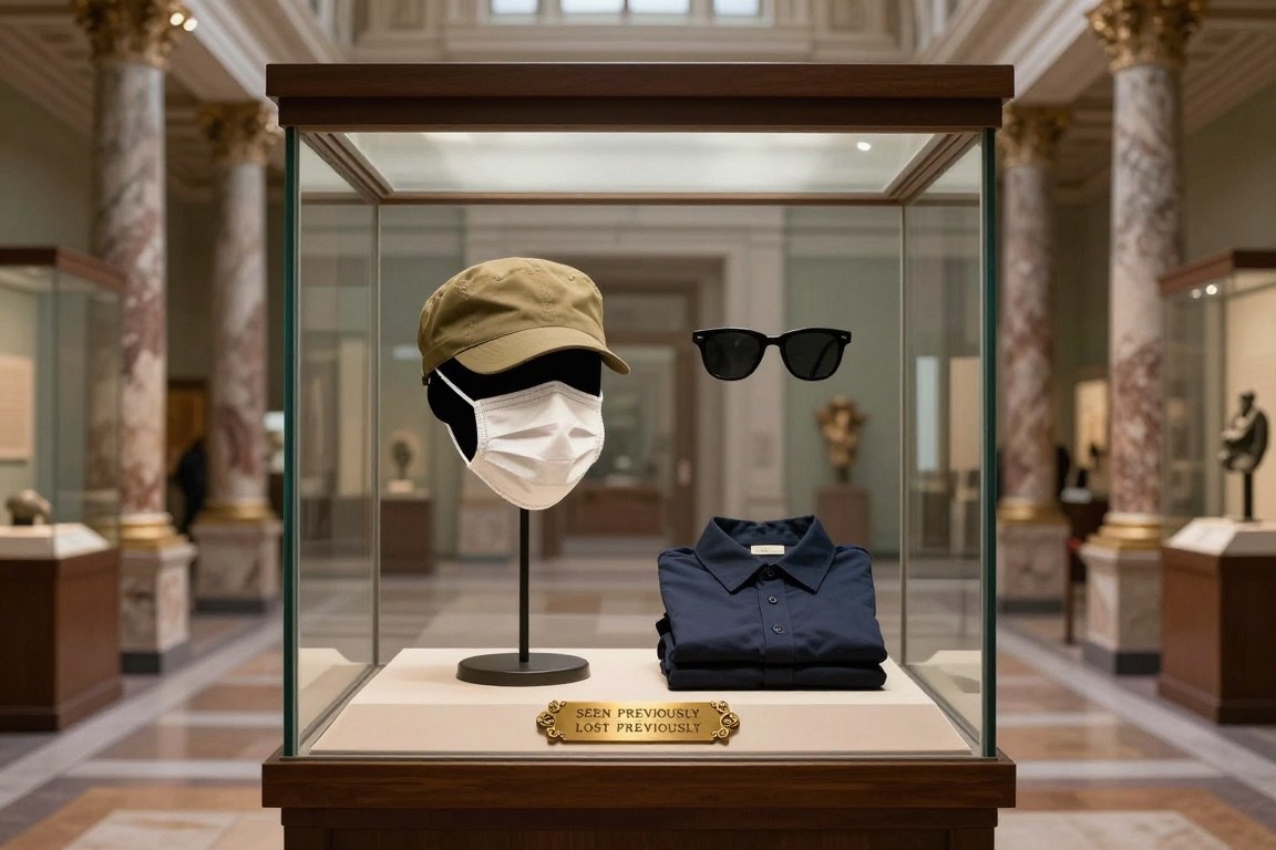 A museum display case holding a khaki cap, white face mask, and folded navy shirt, with a brass plaque reading seen previously, lost previously.