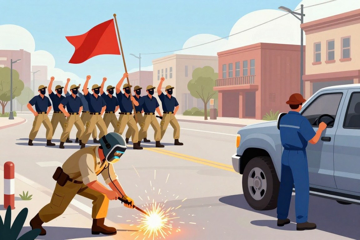 A welder and a mechanic working in the foreground while a small formation of masked men plants a flag in an empty street behind them.